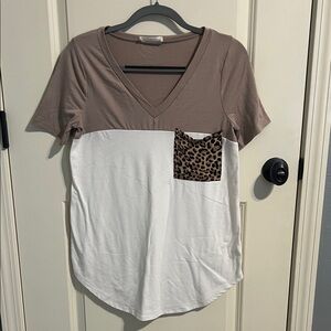 Zenana Outfitters Brown and White V-Neck Top with Leopard Pocket